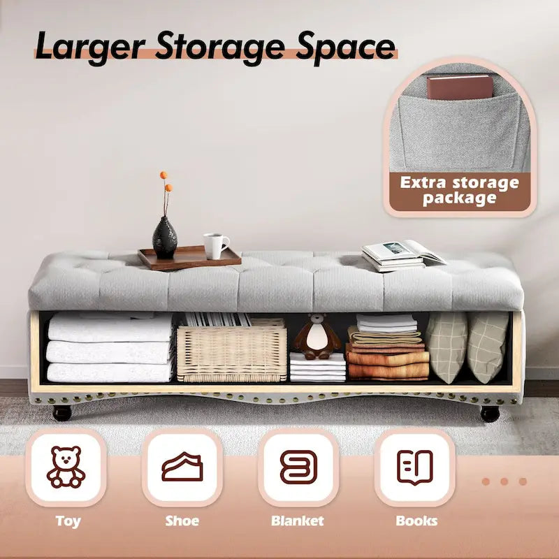 Banc de rangement capitonné de 48,5 po avec clous décoratifs et 2 grandes poches latérales pour chambre à coucher, salon, entrée