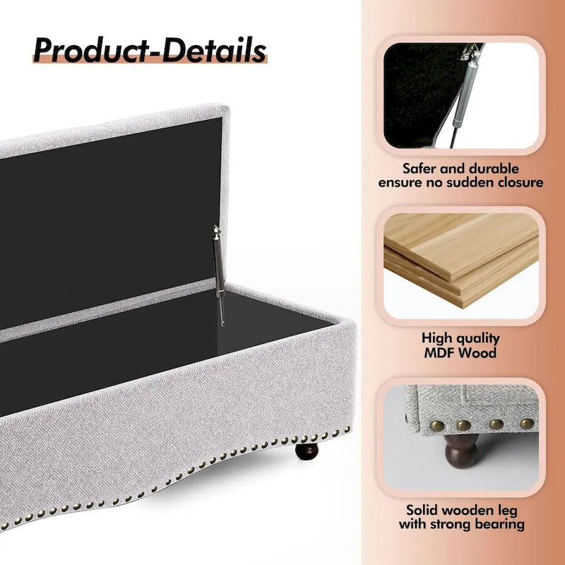 Banc de rangement capitonné de 48,5 po avec clous décoratifs et 2 grandes poches latérales pour chambre à coucher, salon, entrée