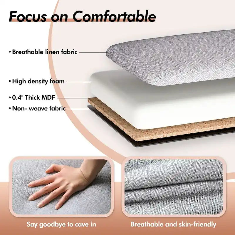 Banc de rangement capitonné de 48,5 po avec clous décoratifs et 2 grandes poches latérales pour chambre à coucher, salon, entrée
