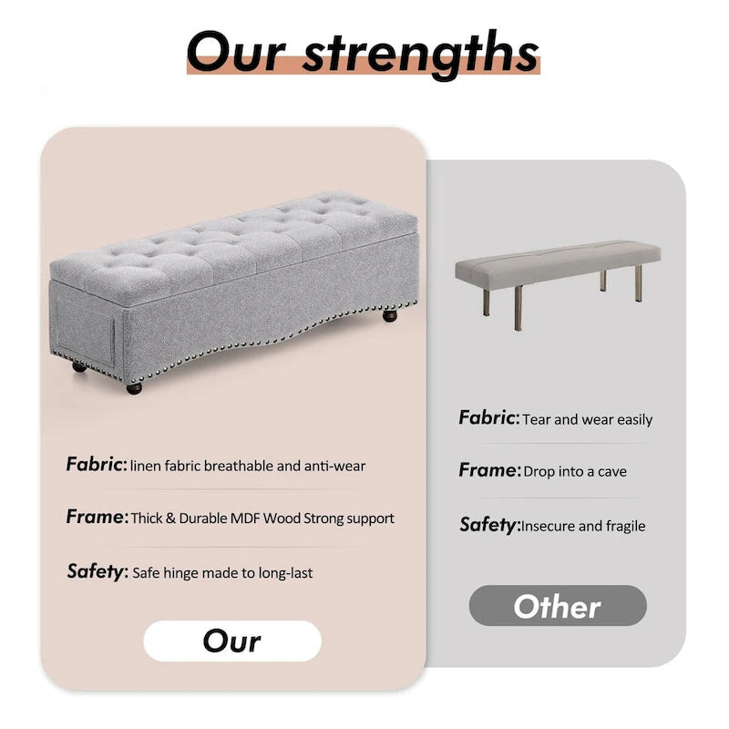 Banc de rangement capitonné de 48,5 po avec clous décoratifs et 2 grandes poches latérales pour chambre à coucher, salon, entrée