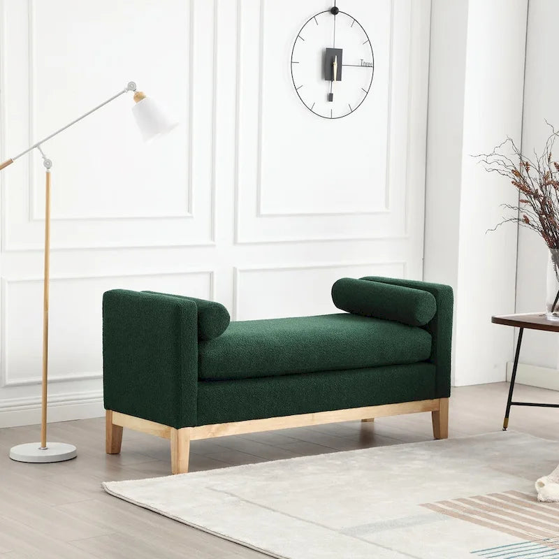 Élégant banc ottoman rembourré de 53,5 po avec pieds en bois et traversins