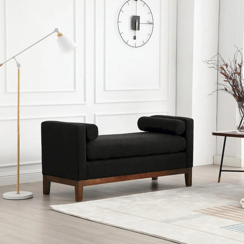 Élégant banc ottoman rembourré de 53,5 po avec pieds en bois et traversins