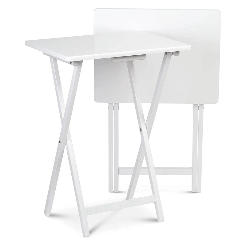 PJ Wood Solid Wood Compact Folding TV Tray and Snack Tables, White, 2 Piece Set - 18.44