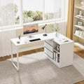 Bureau d'ordinateur blanc en L polyvalent avec tiroirs et étagères