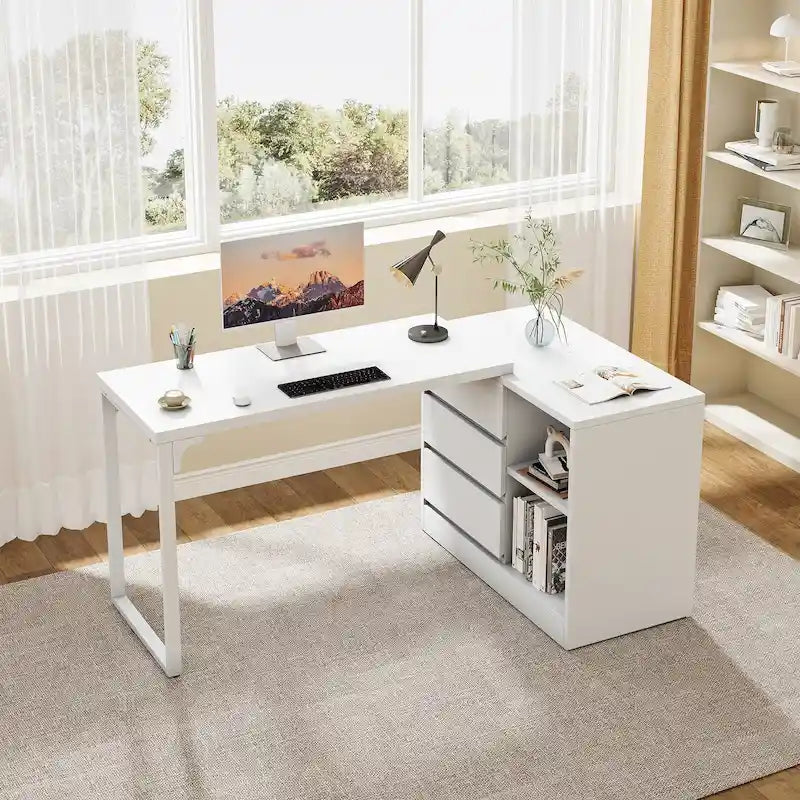 Bureau d'ordinateur blanc en L polyvalent avec tiroirs et étagères