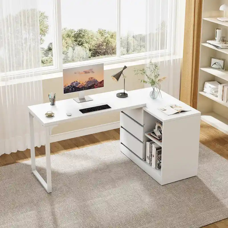 Versatile L-shaped White Computer Desk with Drawers and Shelves