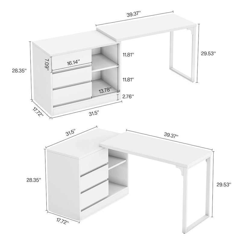 Bureau d'ordinateur blanc en L polyvalent avec tiroirs et étagères