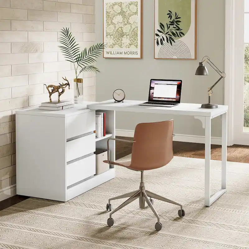 Bureau d'ordinateur blanc en L polyvalent avec tiroirs et étagères