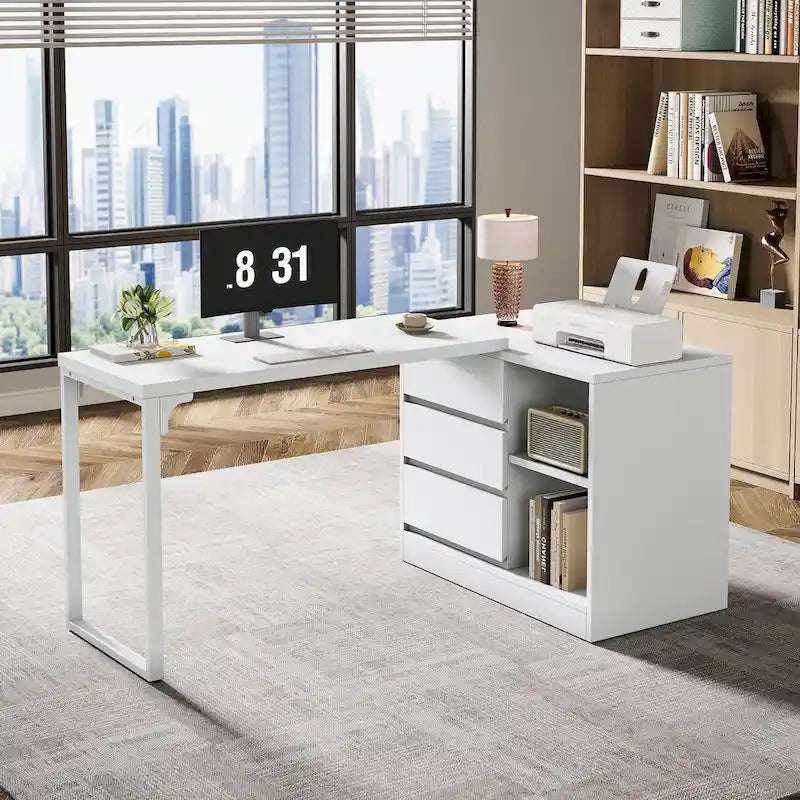 Bureau d'ordinateur blanc en L polyvalent avec tiroirs et étagères