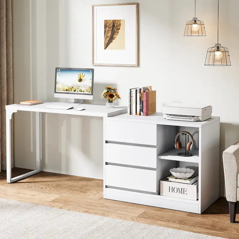 Bureau d'ordinateur blanc en L polyvalent avec tiroirs et étagères