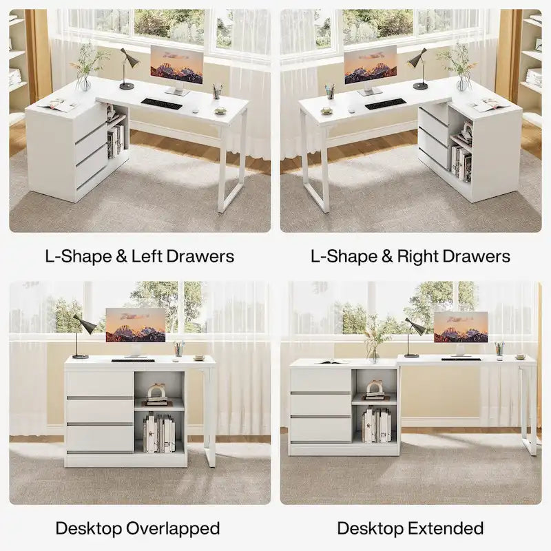 Bureau d'ordinateur blanc en L polyvalent avec tiroirs et étagères