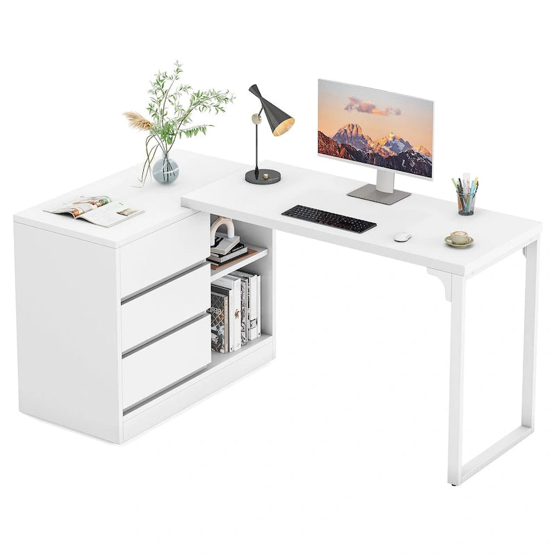 Bureau d'ordinateur blanc en L polyvalent avec tiroirs et étagères